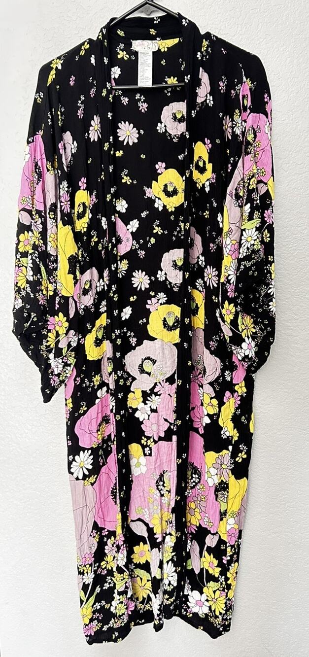 Free People Hidden Hills Floral Oversized Long Woven Kimono Duster Black OS